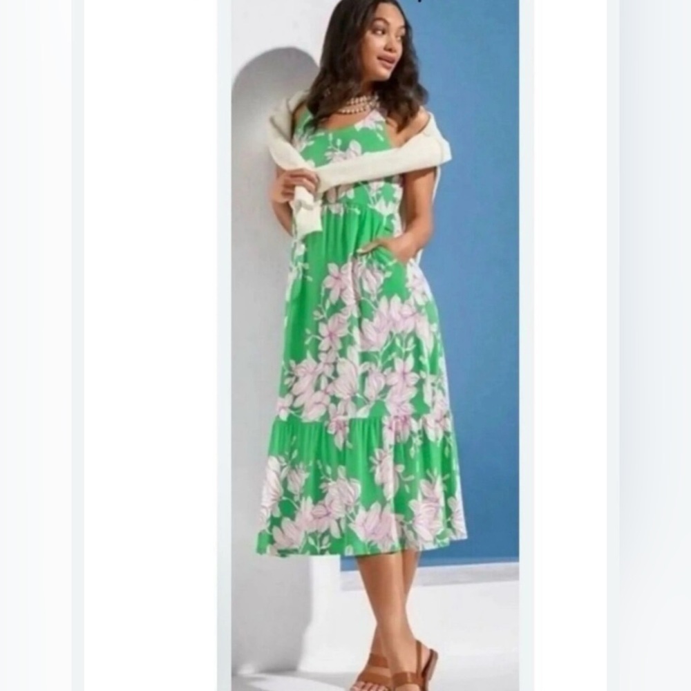CAbi Weekend Dress #6217 Sz Large Green Tiered Midi Tank Dress Pink White Floral